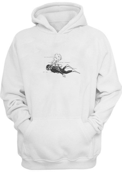 Unisex Scuba Dalış Çizimi Beyaz Normal Kalıp Sweatshirt