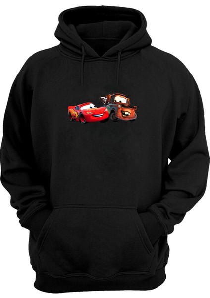 Unisex Şimşek Mcqueen ve Tow Mater Siyah Normal Kalıp Sweatshirt