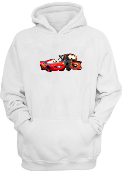 Unisex Şimşek Mcqueen ve Tow Mater Beyaz Normal Kalıp Sweatshirt