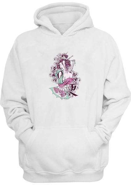 Unisex Japon Geyşa Beyaz Normal Kalıp Sweatshirt