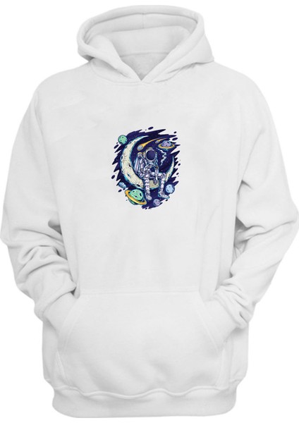 Unisex Uzayda Ayda Oturan Astronot Beyaz Normal Kalıp Sweatshirt