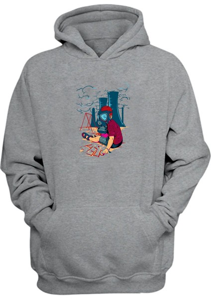 Unisex Gaz Maskes Iillüstrasyon Çocuk Gri Normal Kalıp Sweatshirt
