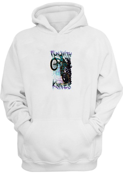 Unisex Siyah ve Mor Bisiklet Sürme Adam Beyaz Normal Kalıp Sweatshirt