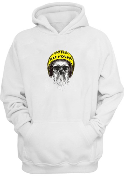 Unisex Sarı Kask Grafik Ile Gri Kafatası Beyaz Normal Kalıp Sweatshirt