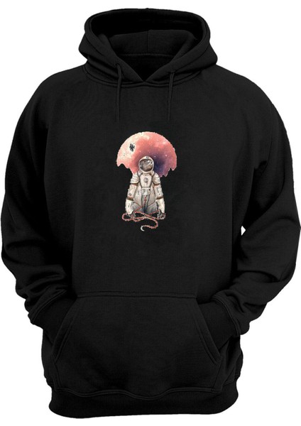 Unisex Astronot Takım Elbise Çizimi ve Ay Siyah Normal Kalıp Sweatshirt