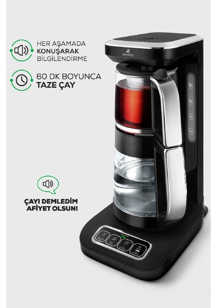 Çaysever Robotea Pro 4 in 1 Konuşan Otomatik Cam Çay Makinesi Su Isıtıcı ve Filtre Kahve Demleme Makinesi 2500W Black Chrome