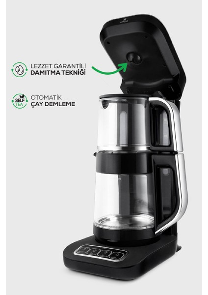 Çaysever Robotea Pro 4 in 1 Konuşan Otomatik Cam Çay Makinesi Su Isıtıcı ve Filtre Kahve Demleme Makinesi 2500W Black Chrome