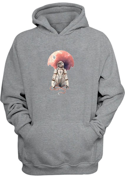 Unisex Astronot Takım Elbise Çizimi ve Ay Gri Normal Kalıp Sweatshirt