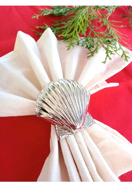 6 Adet Gümüş Deniz Kabuğu Metal Peçete Halkası - Napkin Ring