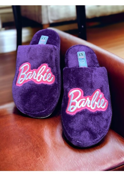 Kadın Mor Pofuduk Barbie Figürlü Gondol Sessiz Taban Lüx Kışlık Ev Misafir Terliği