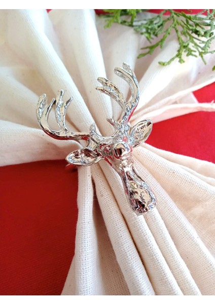6 Adet Lux Gümüş Geyikli Peçete Halkası - Napkin Ring - Yılbaşı Süsü