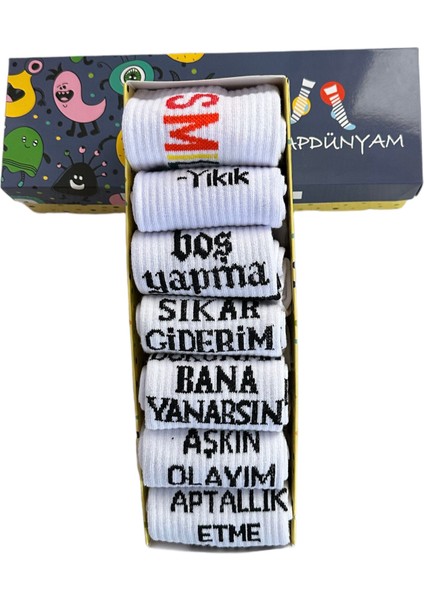 7”li Kutulu Set Yazili Karakterli Neşeli Kolej Tenis Çorap