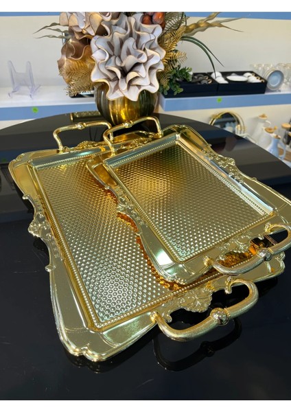 Emaye Lüx 2'li Kulplu Metal Tepsi Çay Kahve Sunum Tepsisi Ikramlık Gold modelleri