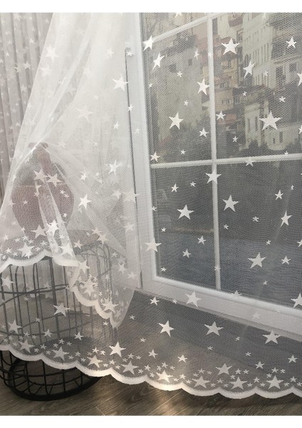 Aleyna Home Taç Yıldızlı Çocuk Odası Tül Perde Kullanıma Hazır Ekstraforlu Pilesiz Krem modelleri