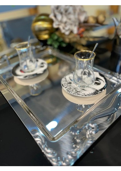 Paslanmaz Çelik 18/10 Kalite Kulplu Metal Tepsi Çay Kahve Sunum Tepsisi Ikramlık Servis fırsatları