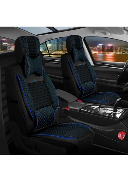 kia Picanto Uyumlu Lüks Deri Oto Koltuk Kılıfı Ön Arka Takım Set Dalyan Serisi Siyah Mavi