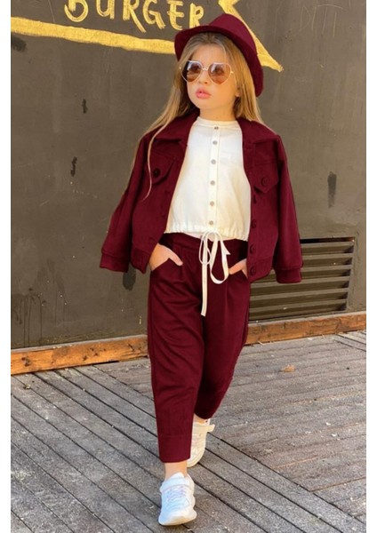 Kız Çocuk Kadife Ceketli Süet Şapkalı Pantolon Bluz Alt Üst Tarz Takım