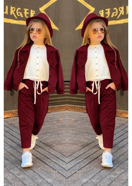 Kız Çocuk Kadife Ceketli Süet Şapkalı Pantolon Bluz Alt Üst Tarz Takım fiyatları