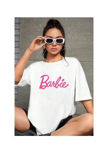 Kadın T-Shirt Beyaz Oversize %100 Pamuk Barbie Baskılı