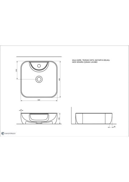 Form Batarya Delikli Lavabo Kare 42 cm