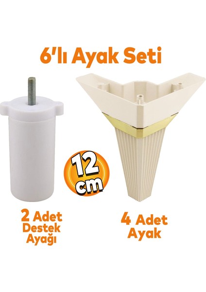 Alcazar Köşe 6'lı Set Mobilya Tv Ünitesi Çekyat Koltuk Kanepe Destek Ayağı 12 cm Krem M8 Civatalı