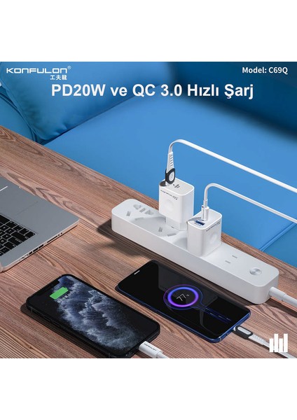 Konfulon C69Q 1 Adet 20W Type-C ve 1 Adet 18W USB 3.0 Çıkışlı Pd Şarj Cihazı