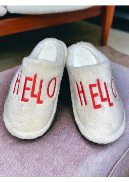 Kadın Krem Pofuduk Hello Figürlü Tüylü Sessiz Taban Lüx Kışlık Ev Misafir Terliği fiyatları