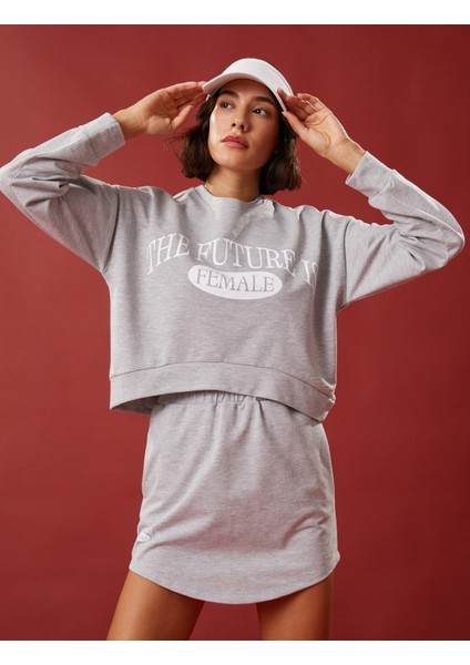 Crop Sweatshirt Baskılı Uzun Kollu Bisiklet Yaka Pamuklu