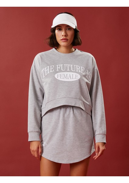 Crop Sweatshirt Baskılı Uzun Kollu Bisiklet Yaka Pamuklu