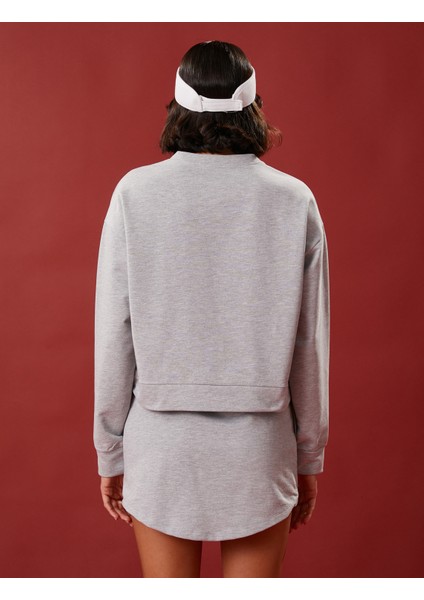 Crop Sweatshirt Baskılı Uzun Kollu Bisiklet Yaka Pamuklu