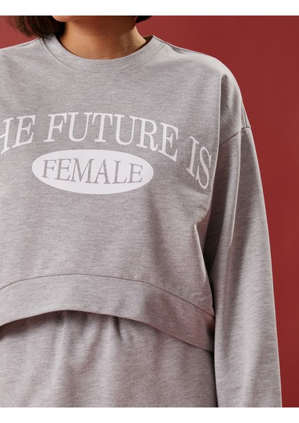 Crop Sweatshirt Baskılı Uzun Kollu Bisiklet Yaka Pamuklu