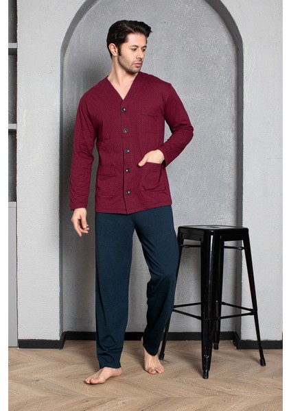 Erkek Bordo Önden Düğmeli Uzun Kollu Pijama Takımı