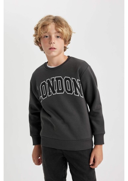 Erkek Çocuk Bisiklet Yaka Baskılı Kalın Sweatshirt B2051A823WN