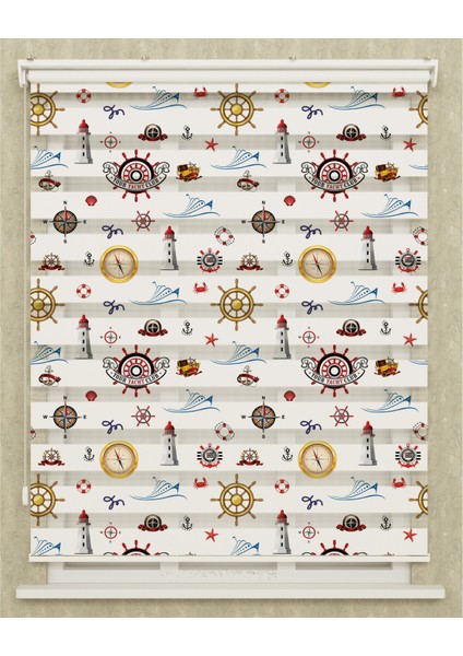 Çocuk Odası Denizci Dümeni Ve Çapa Baskılı Zebra Perde