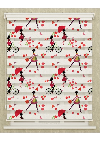 Çocuk Odası Şemsiyeli - Bisikletli Balerin Kızlar Baskılı Zebra Perde