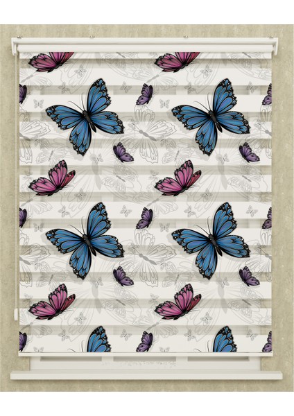Mutfak Odası Mavi ve Mor Kelebekler Baskılı Zebra Perde