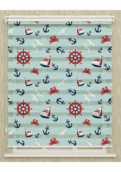 Çocuk Odası Denizci Dümeni ve Çapa Baskılı Zebra Perde