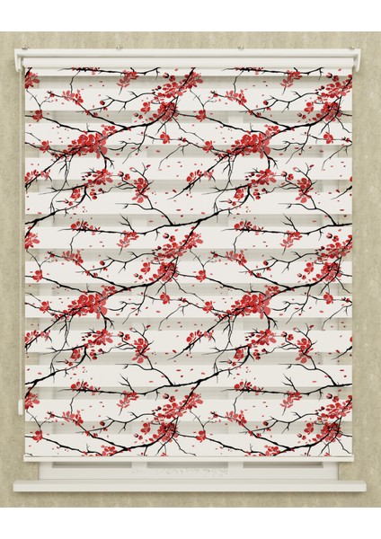 Mutfak Odası Kırmızı Kiraz Dalları Baskılı Zebra Perde