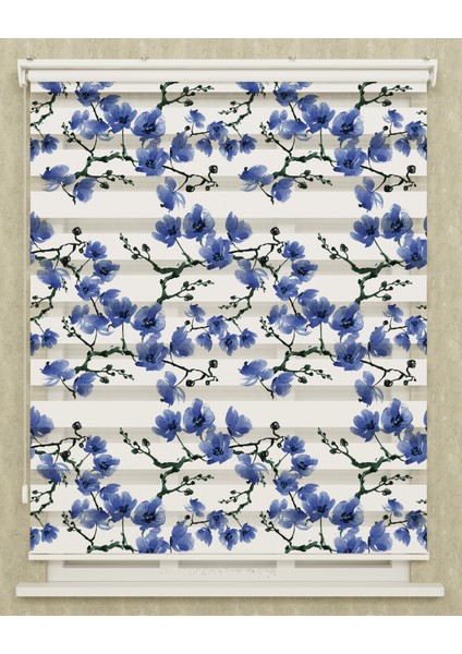 Mutfak Odası Mavi Renkli Ağaç Dalları Baskılı Zebra Perde
