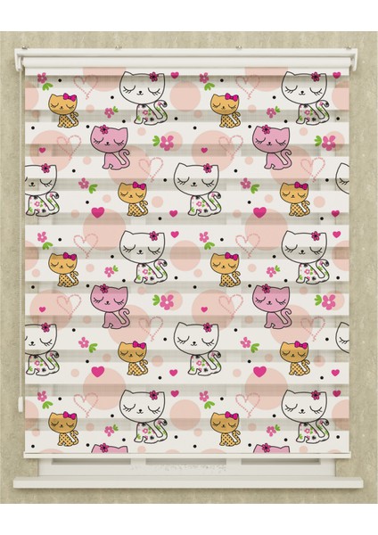 Çocuk Odası Sevimli Kedicikler Baskılı Zebra Perde