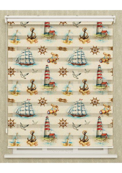Çocuk Odası Denizci Dümeni ve Çapa Baskılı Zebra Perde