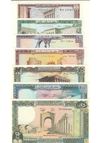 Lübnan 1-5-10-25-50-100-250 Livre 7'li Set, Yabancı Kağıt Para