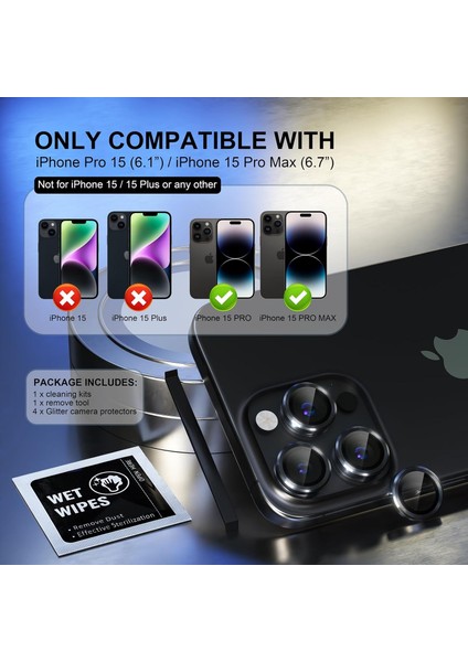 iPhone 15 Pro Max ve iPhone 15 Pro Safir Kamera Lens Koruyucu Uygulama Aparatlı