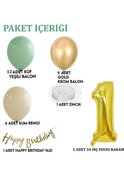 Küf Yeşili Deniz Kumu ve Krom Gold Balonlu Konsept Doğum Günü Seti fiyatları