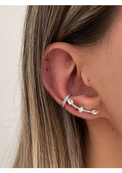 Taşlı Gold Earcufflı Küpe