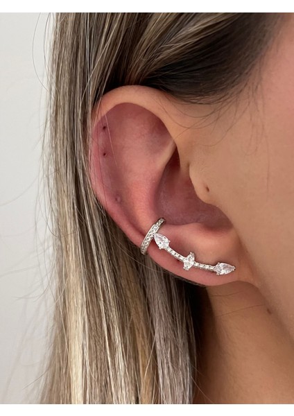 Taşlı Gold Earcufflı Küpe