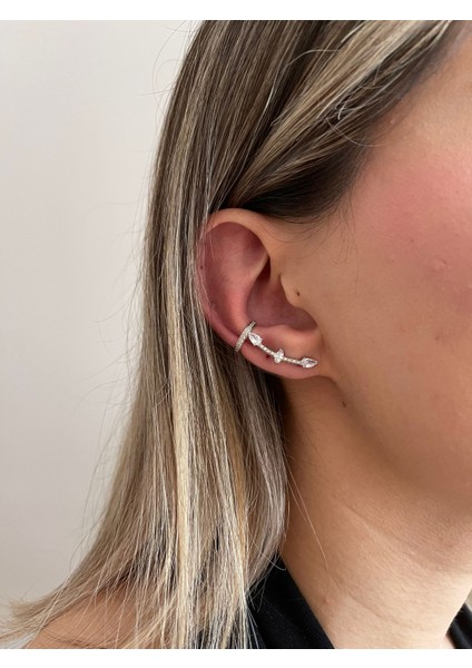 Taşlı Gold Earcufflı Küpe
