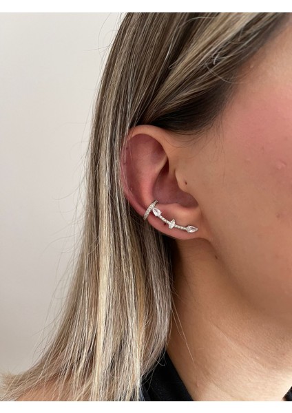 Taşlı Gold Earcufflı Küpe