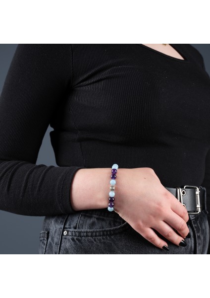 Sertifikalı Doğal Taş Kadın Erkek Bileklik Ametist ve Akuamarin ve 925 ayar Gümüş 8mm Bileklik fiyatları