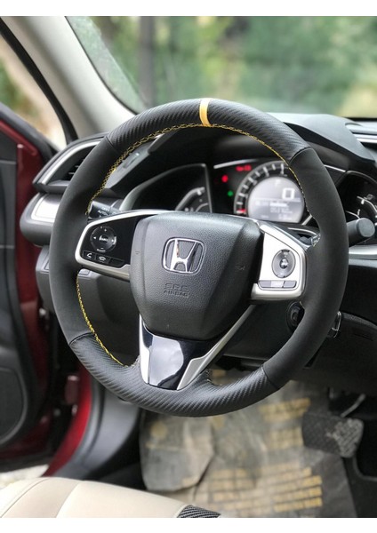 Honda Cıvıc Fc5 Araç Için Sarı Yüzüklü Karbon Nubuk Deri Araç Direksiyon Kılıfı